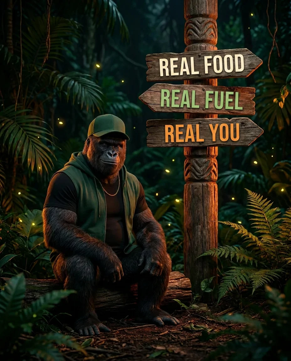 PHAT the gorilla sitting in the jungle next to wooden trail signs reading Real Food, Real Fuel, Real You — Real Food, Real Fuel, Real You