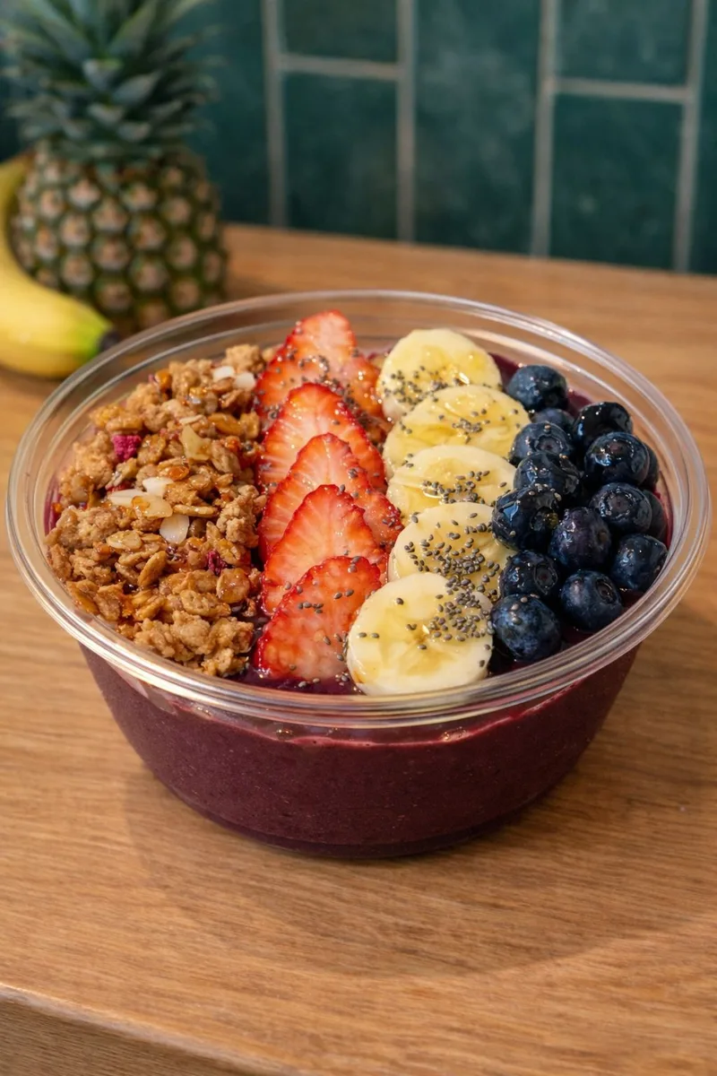 Original Bowl — açaí topped with granola, strawberries, banana and blueberries
